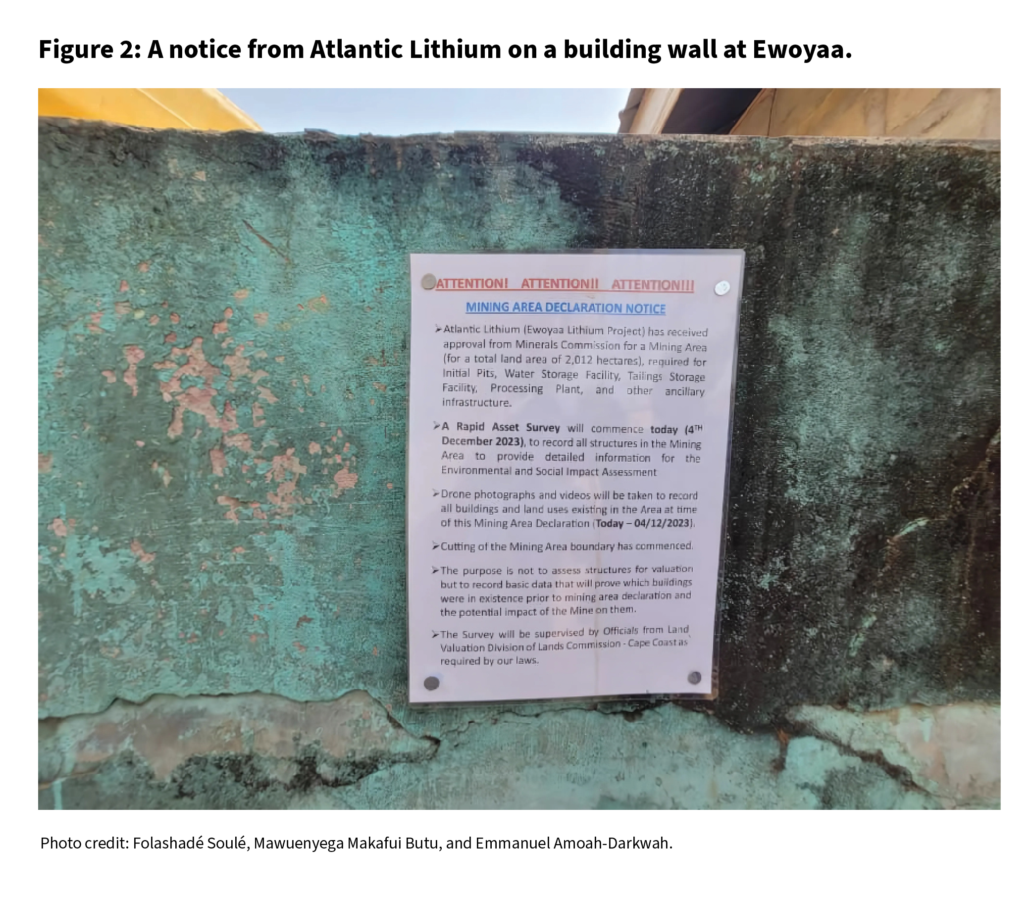 A notice from Atlantic Lithium on a building wall at Ewoyaa. Photo credit: Folashadé Soulé, Mawuenyega Makafui Butu, and Emmanuel Amoah-Darkwah.