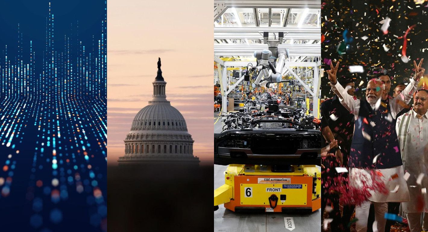 four photos of an AI illustration, the Capitol dome, a manufacturing plant, and Modi celebrating