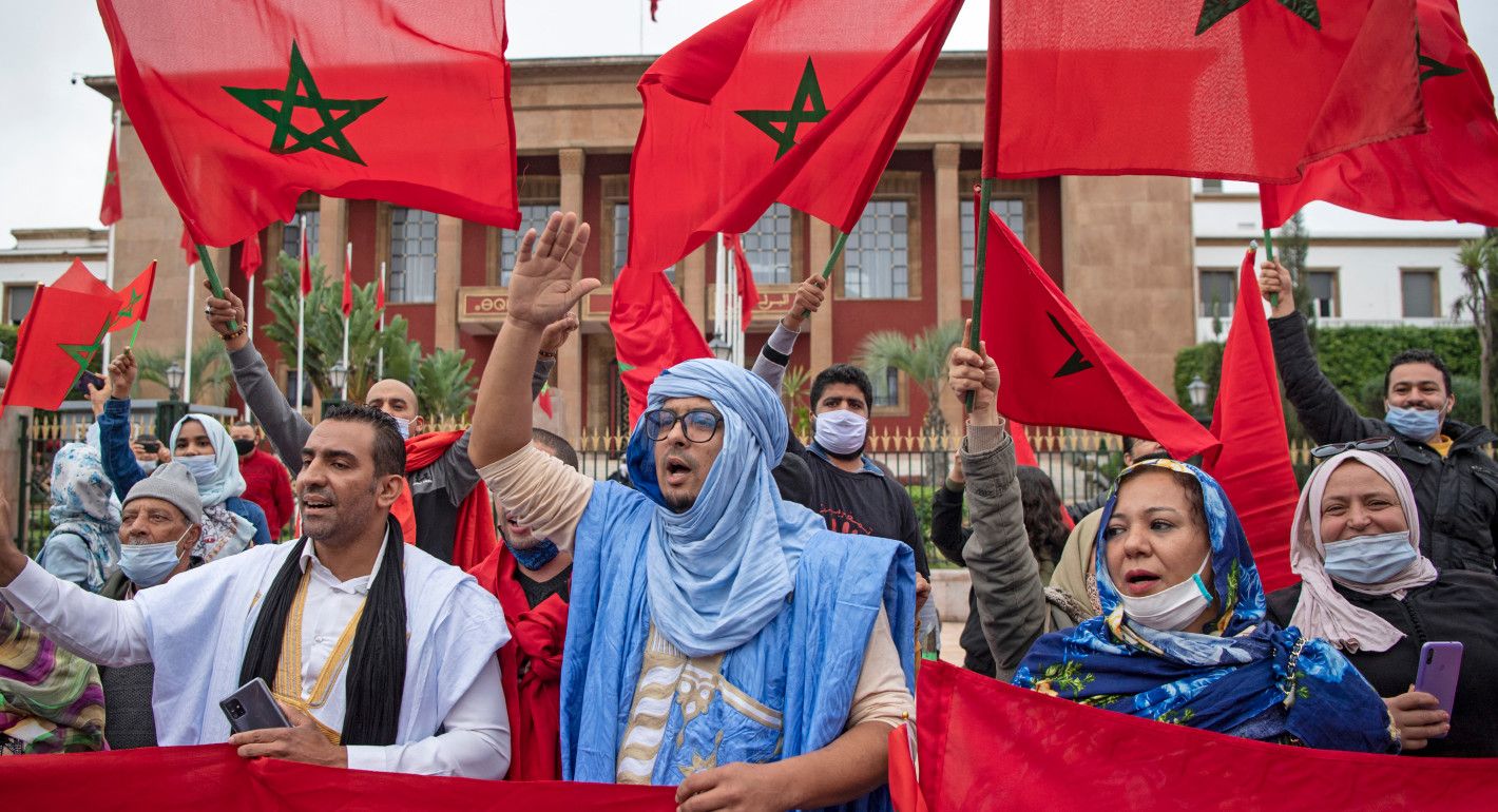 Photo of Moroccans celebrating the United States's 2020 recognition of Western Sahara as Moroccan territory.