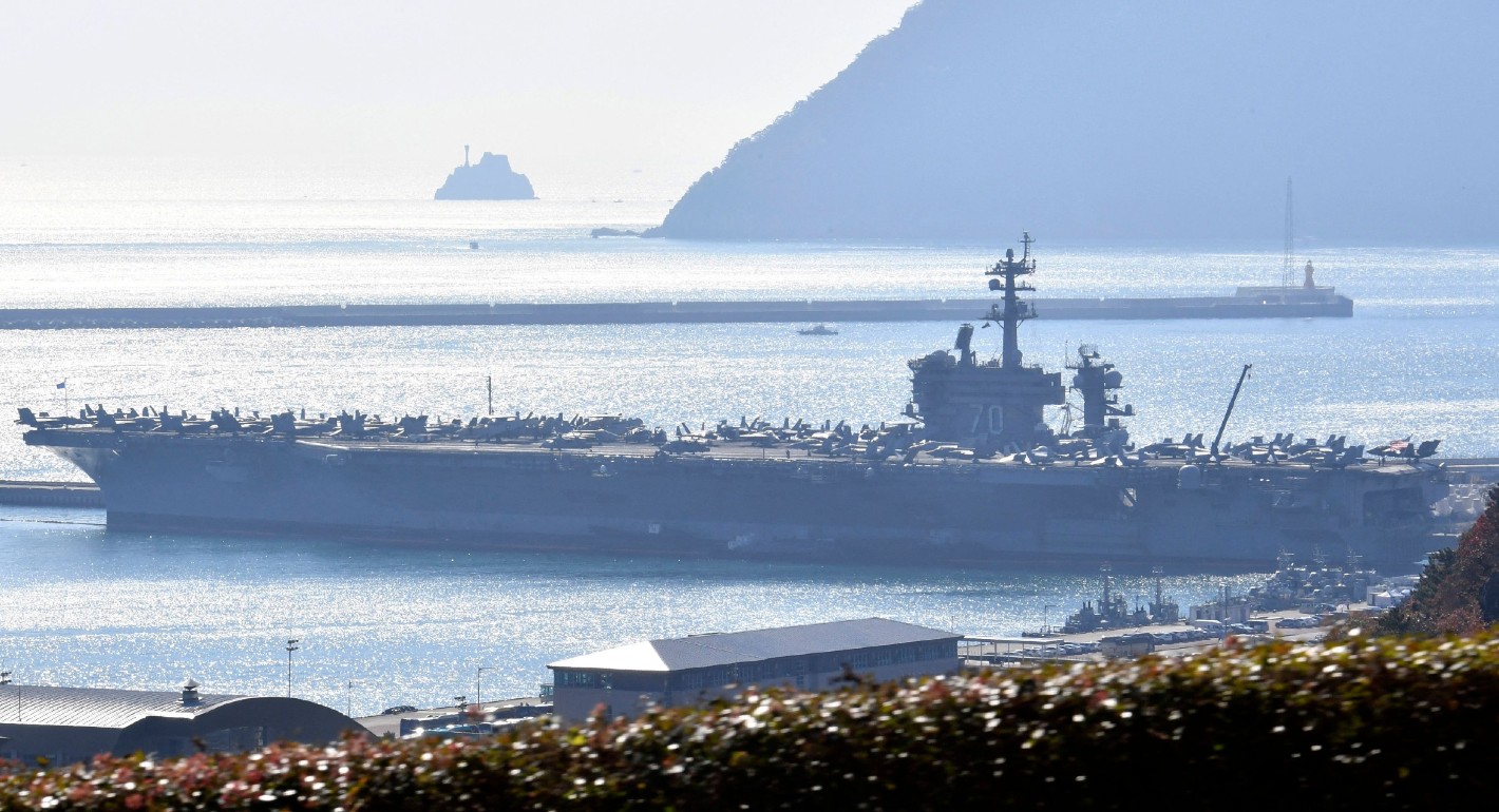 The USS Carl Vinson, a US nuclear-powered aircraft carrier, is anchored at a South Korean naval base during its port visit in the southeastern port city of Busan on November 22, 2023. 