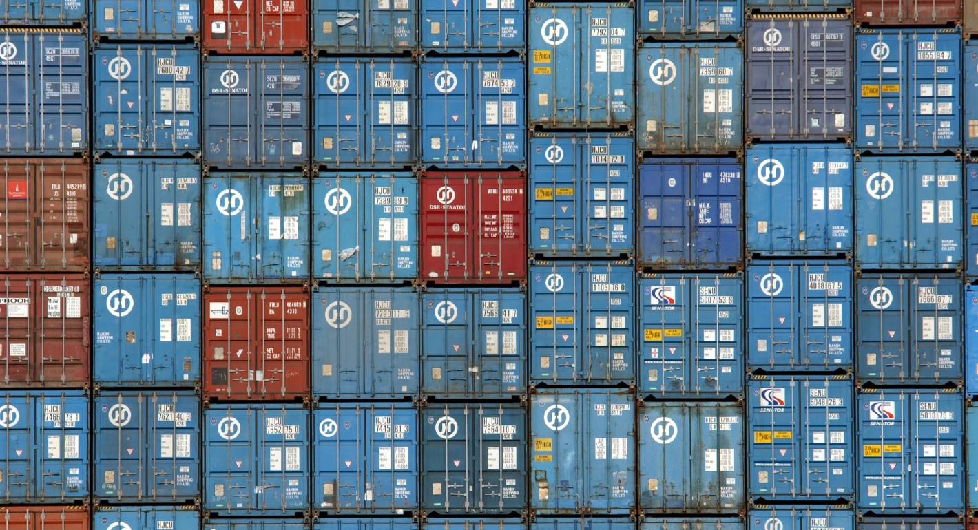 truck-sized 30-ton shipping containers are stacked aboard the Hanjin Oslo freighter in the Port of Los Angeles