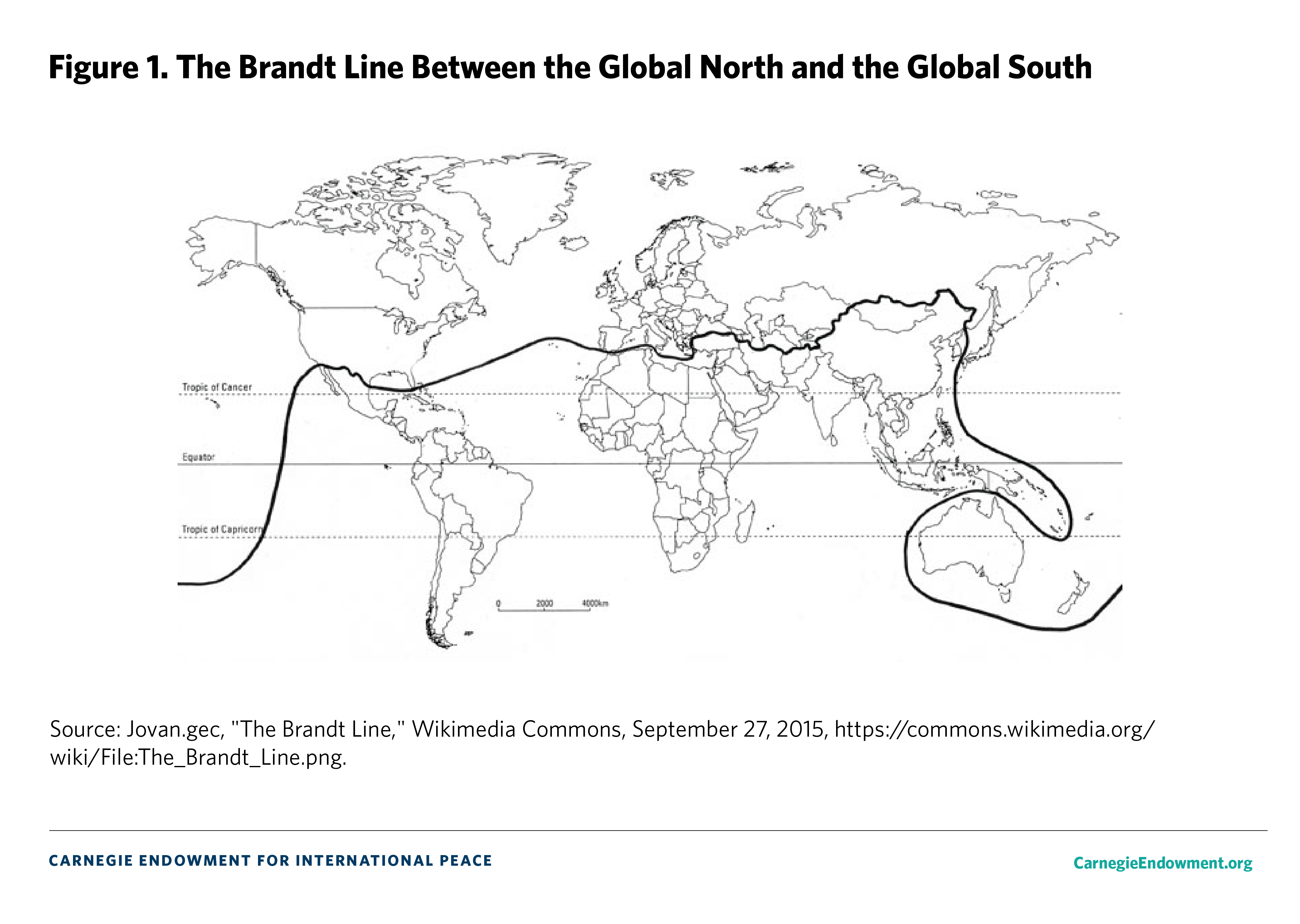 The map from the Brandt Report featuring a line roughly dividing the Global North from the Global South.