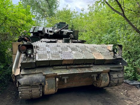 A Bradley Infantry Fighting Vehicle, which had withstood more than twenty FPV and Lancet strike munition hits over the course of the war (47th Separate Mechanized Brigade, outside Pokrovsk, June 2024).