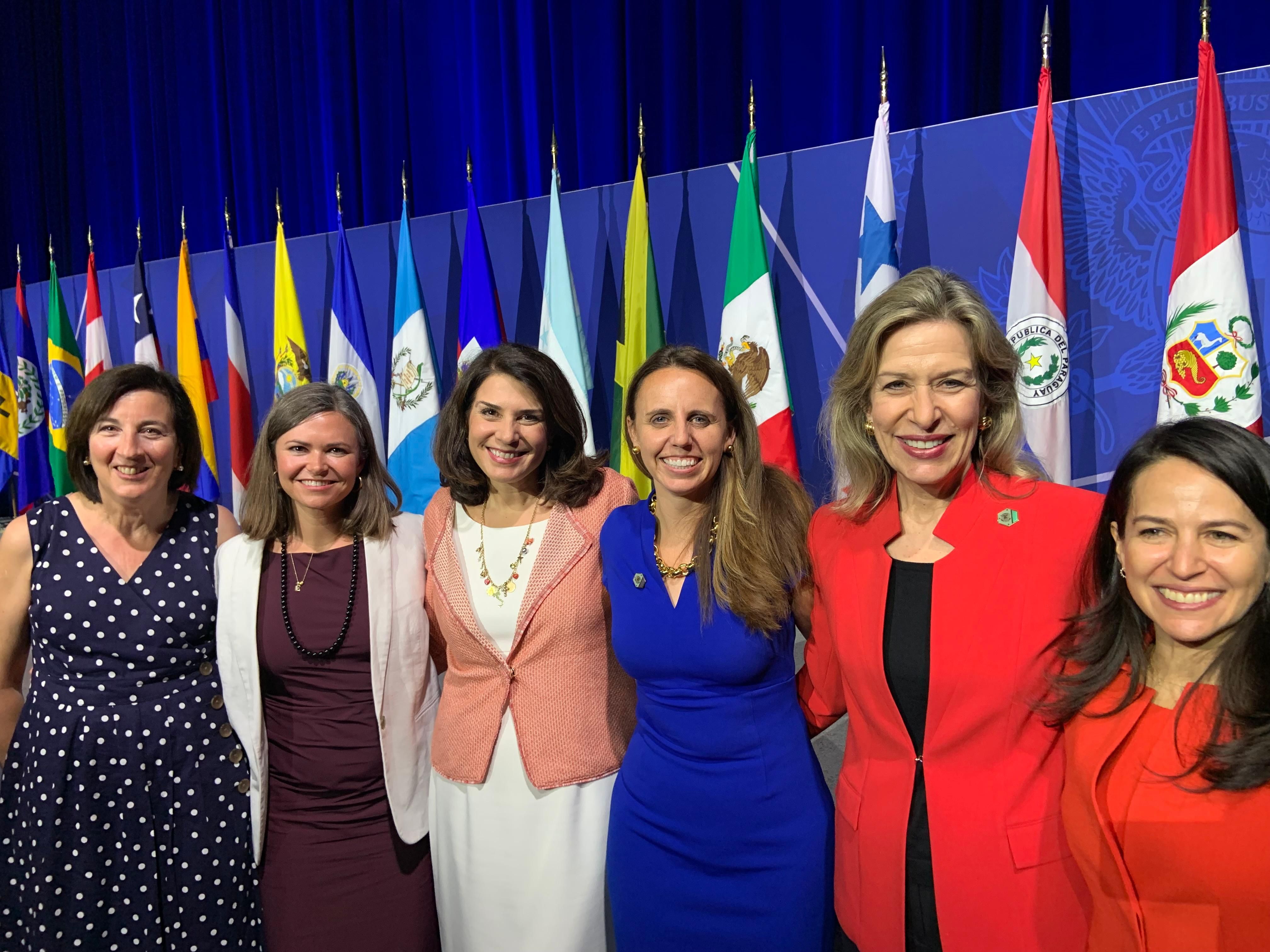 Marta Youth, Emily Mendrala, Julieta Valles Noyes, Katie Tobin, Liz Sherwood-Randall, and Marcela Escobari (left to right) at the Los Angeles Declaration adoption ceremony on June 10, 2022. (Photo by Clay Alderman)