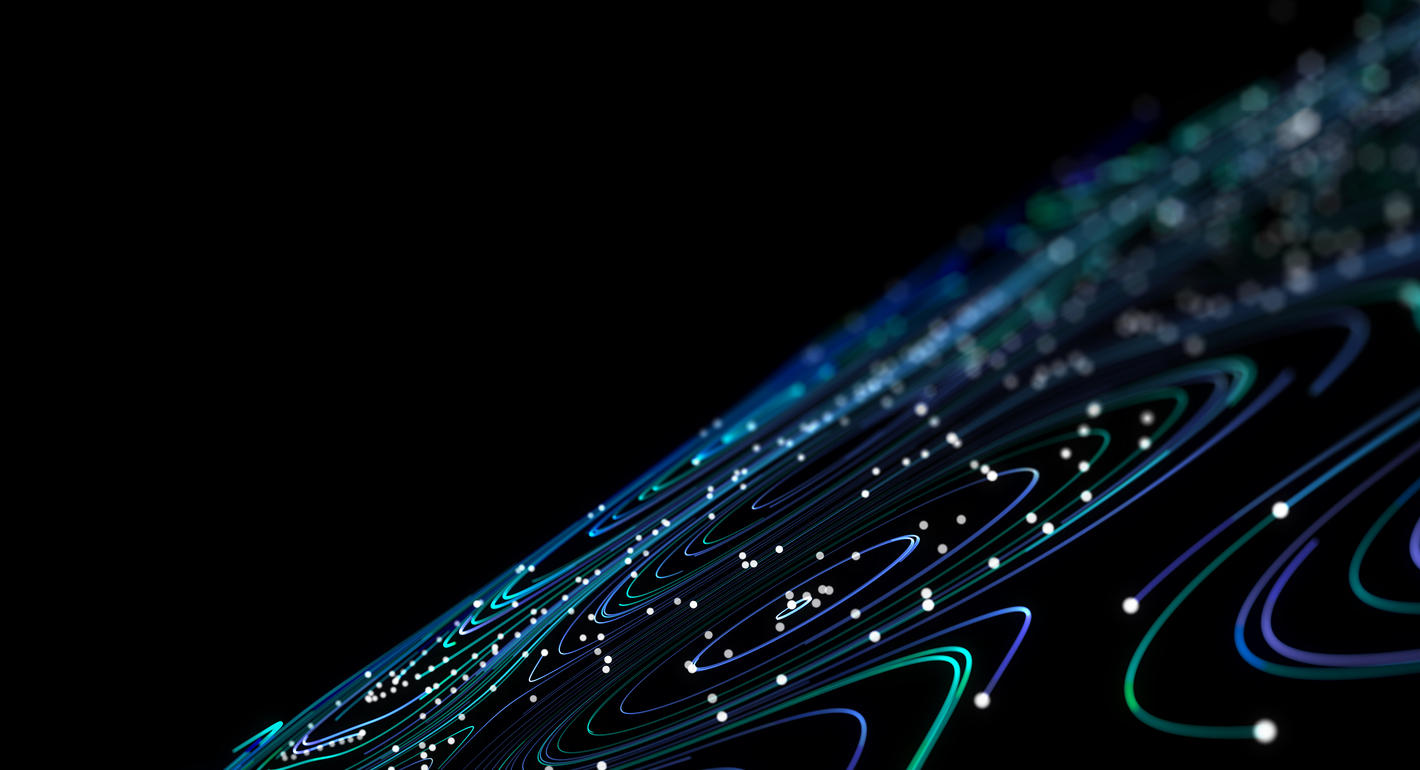 Blue and green lights in wavy lines across the bottom third of the image on a black background