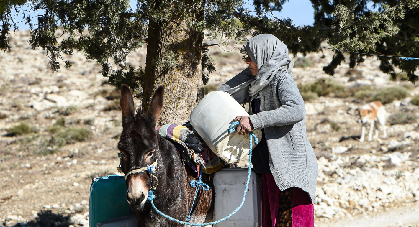 Woman in gray hijab loads a large plastic water container onto a small donkey