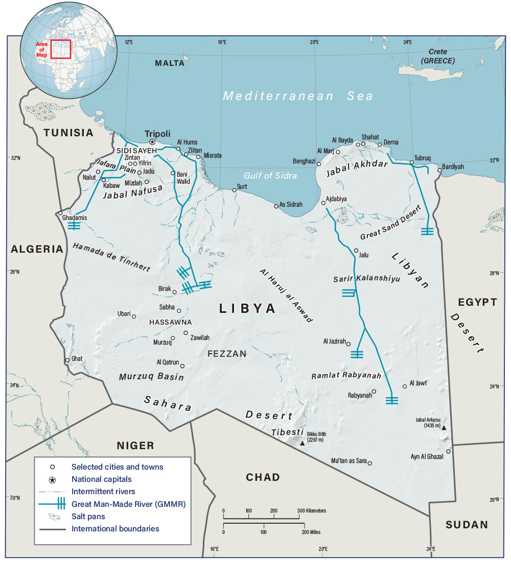 Map of Libya highlighting the northwestern Jabal Nafusa, southwestern Fezzan, and northeastern Jabal Akhdar