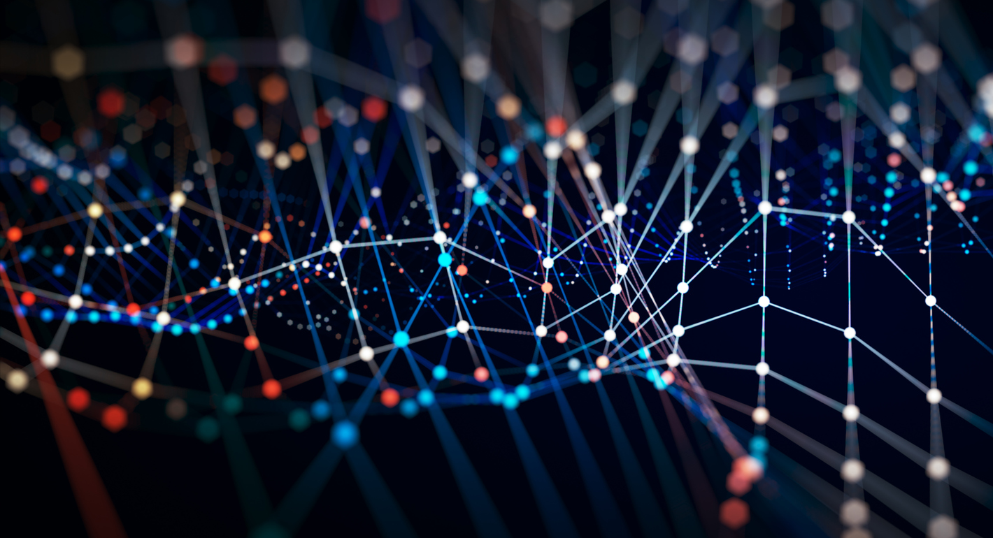 Stock image on a black background of LED light networks of white, red, and blue points with lines connecting them