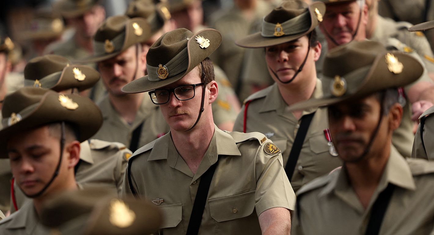 ervicemen and women march to the Shrine of Remembrance to honour soldiers who have died in war on ANZAC (Australian and New Zealand Army Corps) Day in Melbourne on April 25, 2024