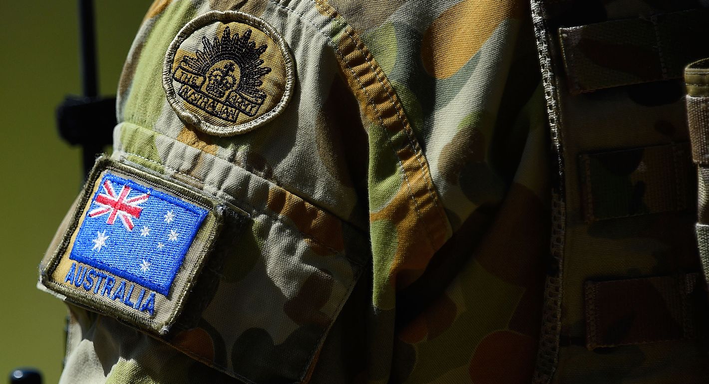 Seen is the sleeve and badges worn by an Australian RAAF (Royal Australian Air Force) JTAC (Joint Terminal Attack Controller) member during air operations on April 6, 2016 in Townsville, Australia