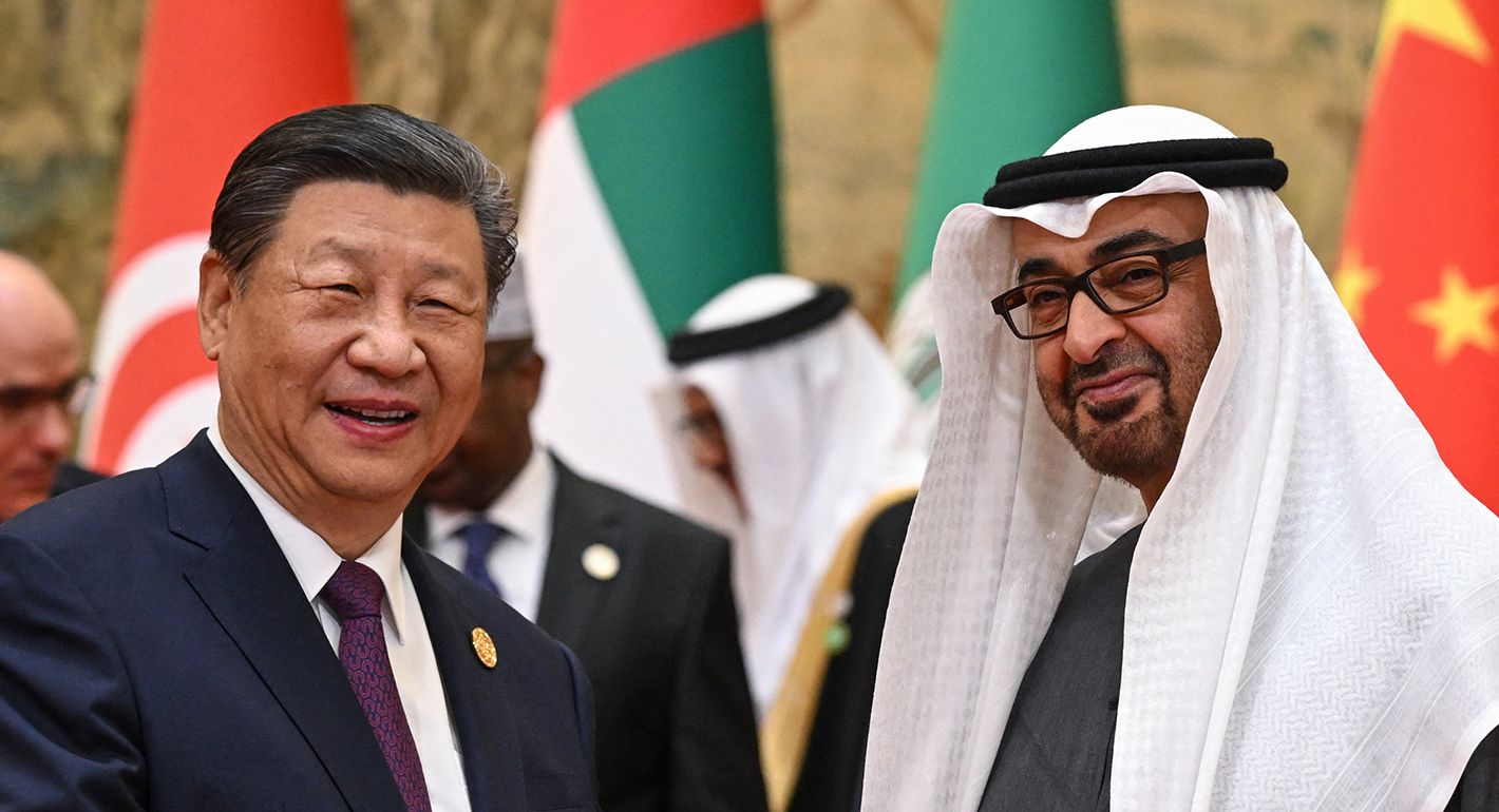 hina's President Xi Jinping (L) shakes hands with United Arab Emirates' President Sheikh Mohamed bin Zayed Al Nahyan ahead of the opening ceremony of the 10th Ministerial Meeting of China-Arab States Cooperation Forum at the Diaoyutai State Guesthouse in Beijing on May 30, 2024. 