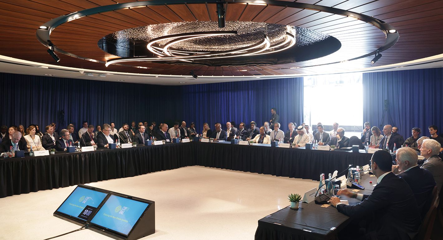 Participants attend a roundtable discussion titled: "Financing the New Climate Economy" on day five of the UNFCCC COP28 Climate Conference at Expo City Dubai on December 04, 2023 in Dubai, United Arab Emirates. 