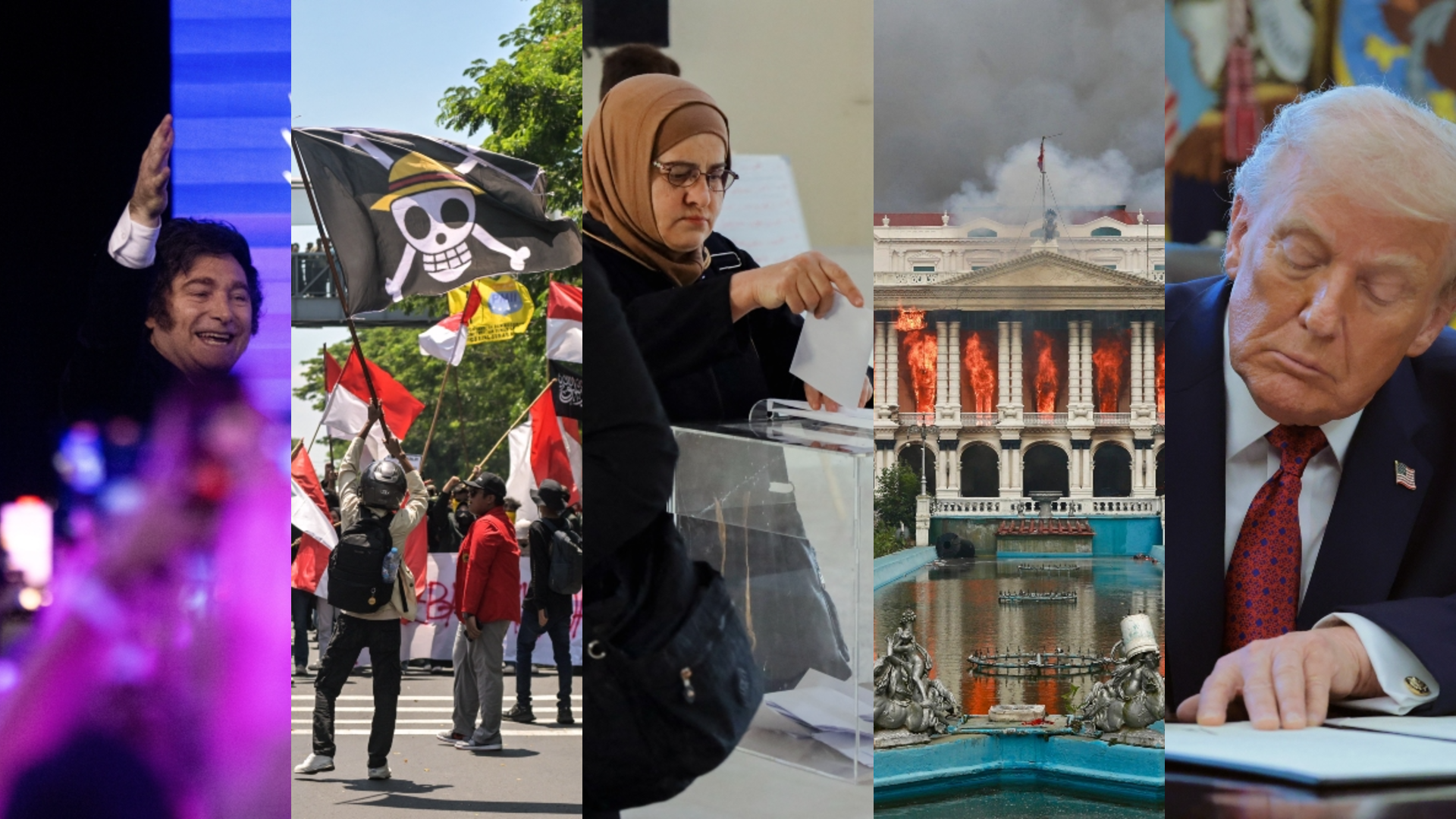 From left to right, Milei, Indonesia protests, woman voting in Syria, Nepal government building on fire, Trump