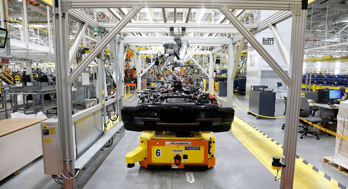 Ford Motor Company's electric F-150 Lightning on the production line at their Rouge Electric Vehicle Center in Dearborn, Michigan on September 8, 2022.