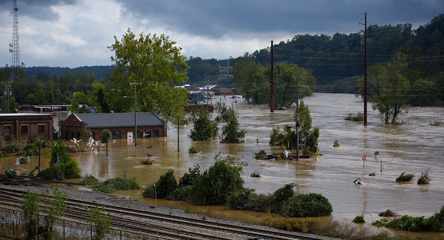 Heavy rains from hurricane Helene caused record flooding and damage on September 28, 2024 in Asheville, North Carolina. 