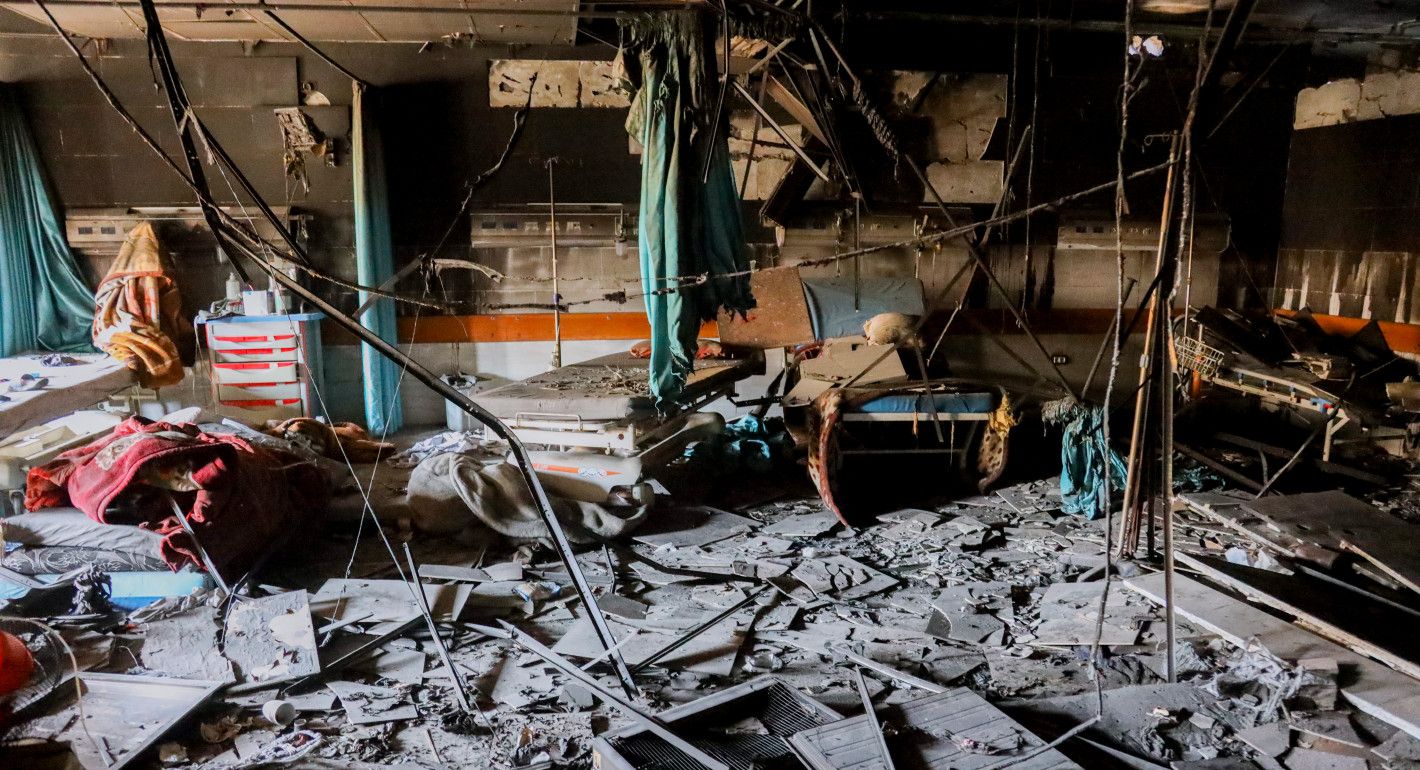 destroyed hospital room, with debris everywhere