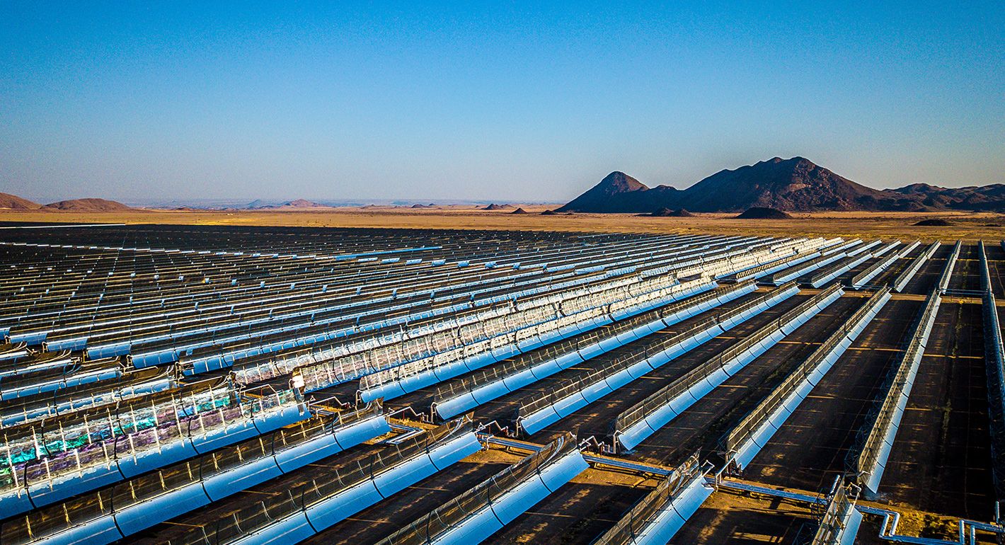 High view of parabolic trough collectors at the Xina solar plant in South Africa