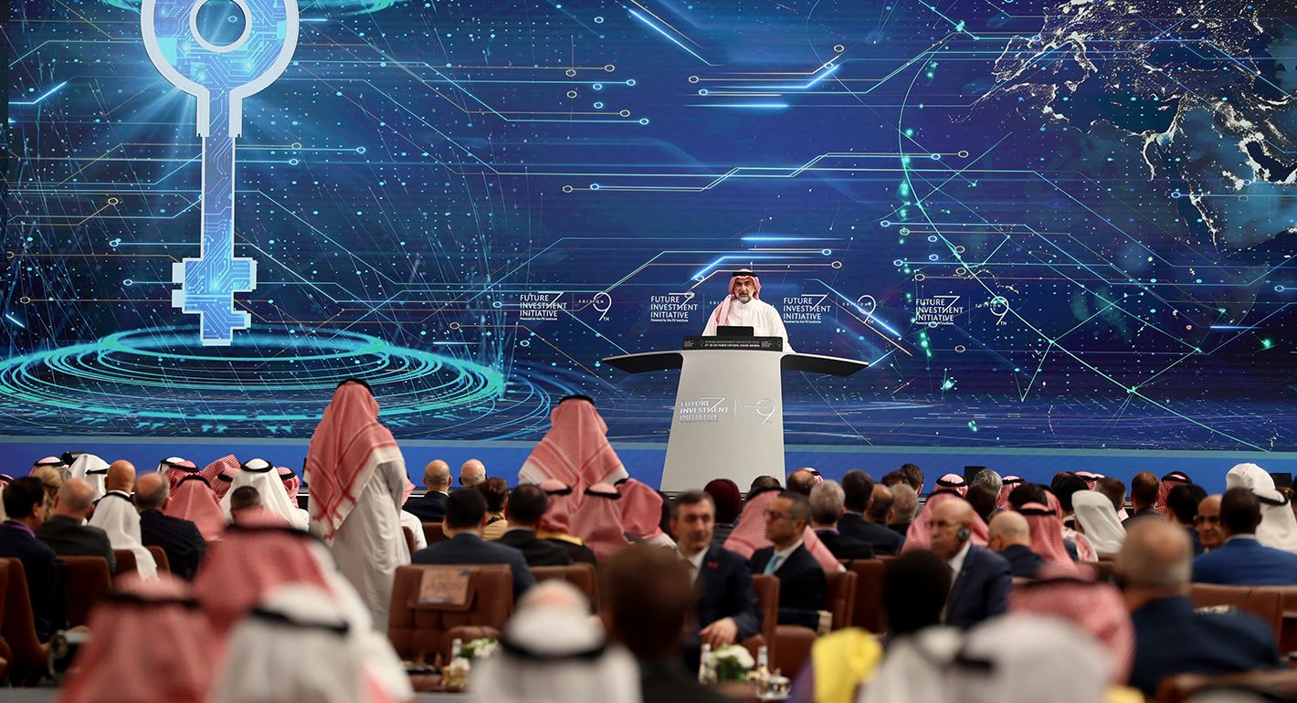 asir Al-Rumayyan, head of the Public Investment Fund, Saudi Arabia's influential sovereign wealth fund, addresses the opening ceremony of the Future Investment Initiative, in Riyadh on October 28, 2025.
