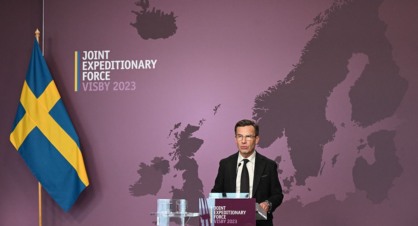 Sweden's prime minister Ulf Kristersson speaks during a press conference at the Joint Expeditionary Force (JEF) Leaders' Summit on the Baltic island of Gotland, Sweden, on October 13, 2023