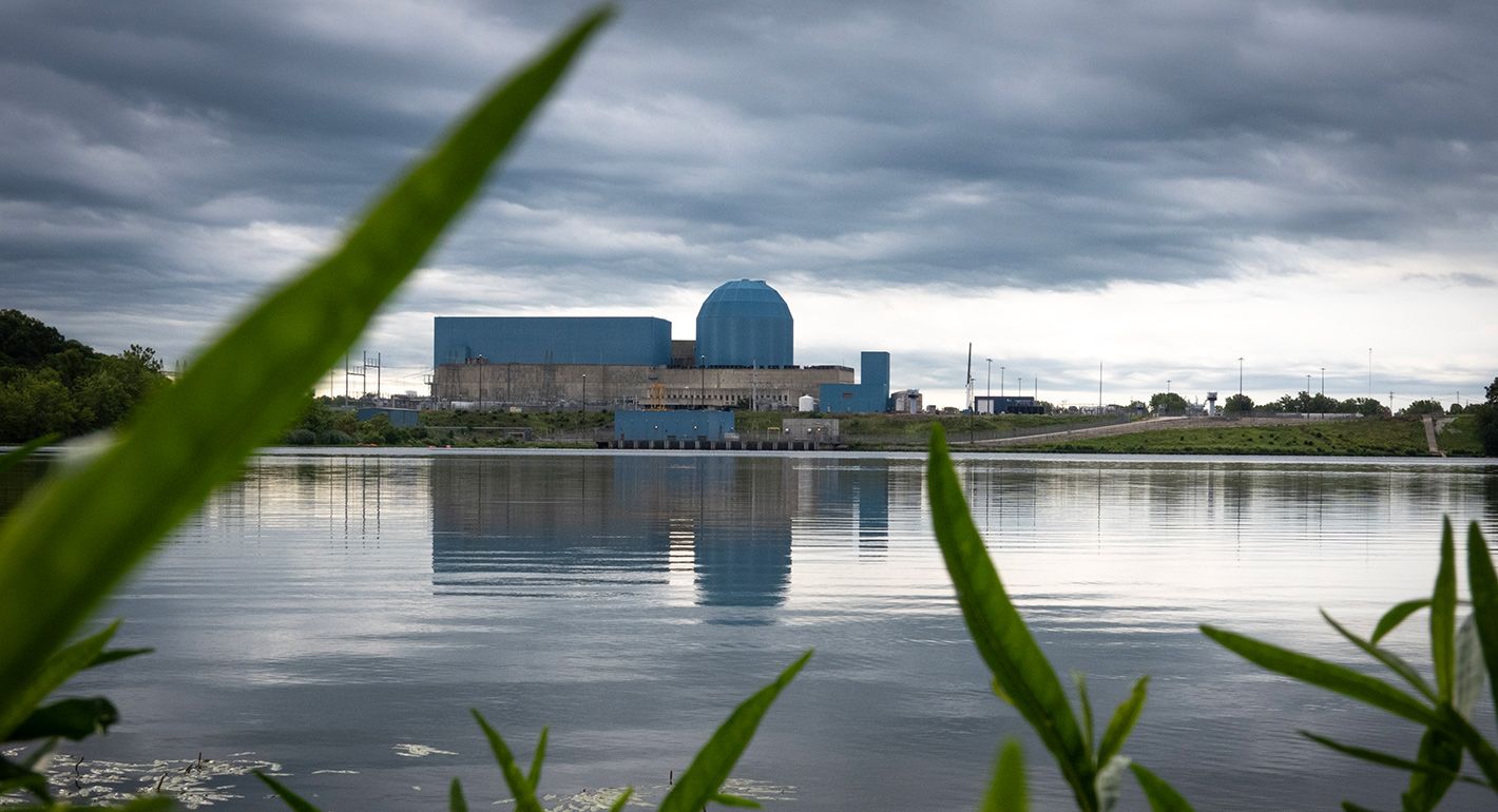 An aerial view shows storm clouds moving over Constellation's Clinton Clean Energy Center’s single nuclear reactor power plant on July 25, 2025 in Clinton, Illinois.
