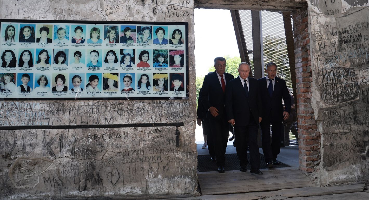 ussia's President Vladimir Putin visits the destroyed school, where in 2004 Chechen militants took more than 1,000 people hostage, in Beslan, North Ossetia on August 20, 2024, to commemorate the killing of more than 330 people, mostly children, in the hostage siege