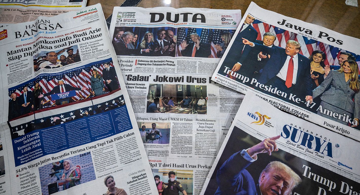 The front pages of the morning newspapers in Surabaya on November 7, 2024, show the reaction to the re-election of US President-elect Donald Trump.