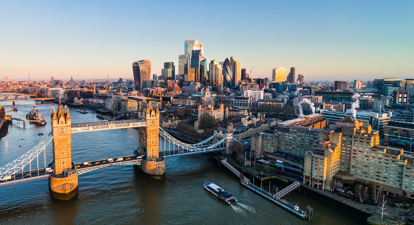 Aerial View of Tower Bridge and the City of London at Sunrise