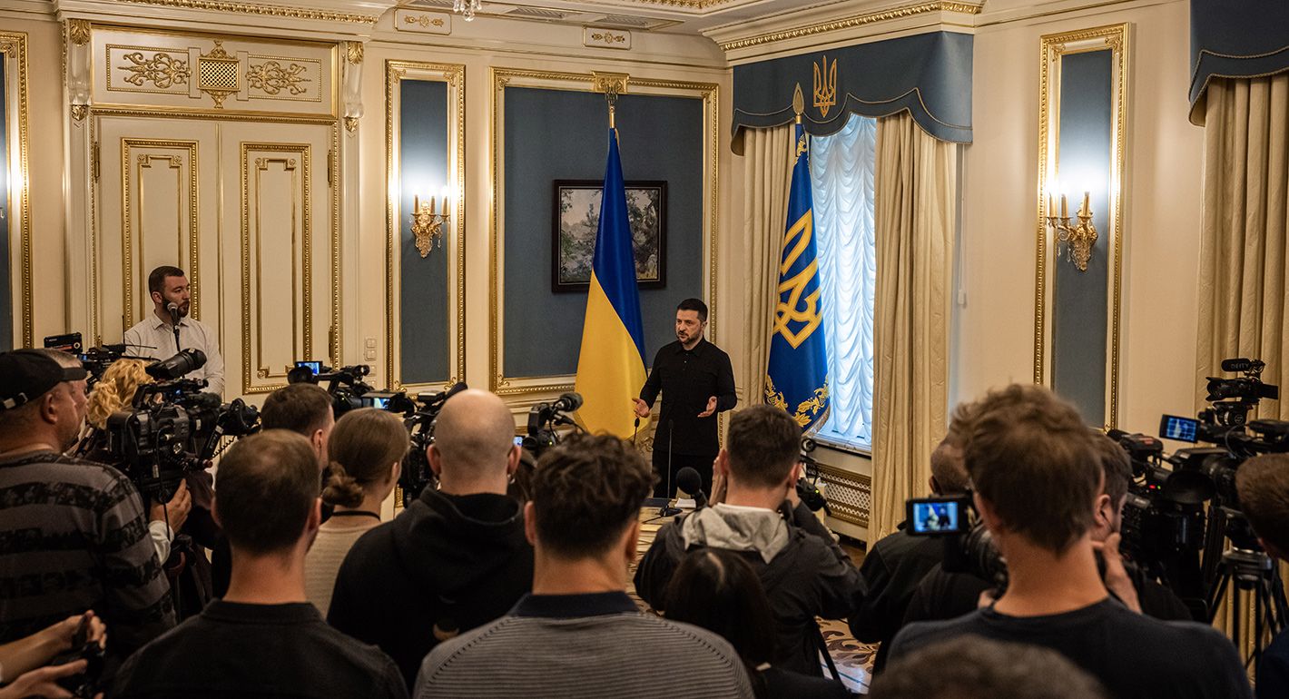 Ukraine's President Volodymyr Zelensky to journalists and answers questions in Ukraine's Presidential Office after returning from the US