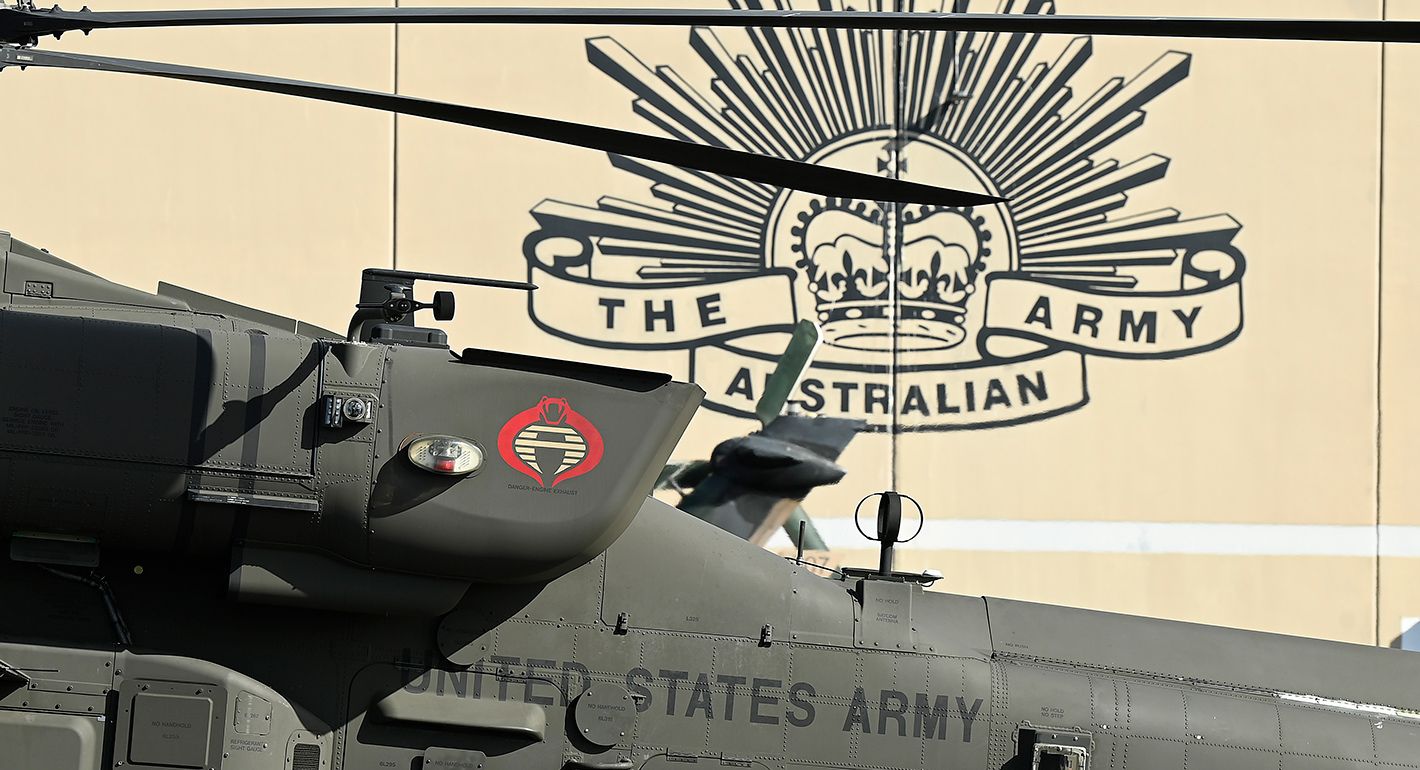 An American Apache helicopter is seen from the 16th Combat Aviation Brigade (CAB) at the Townsville airport as part of exercise 'Talisman Sabre 23' on July 27, 2023 in Townsville, Australia. 