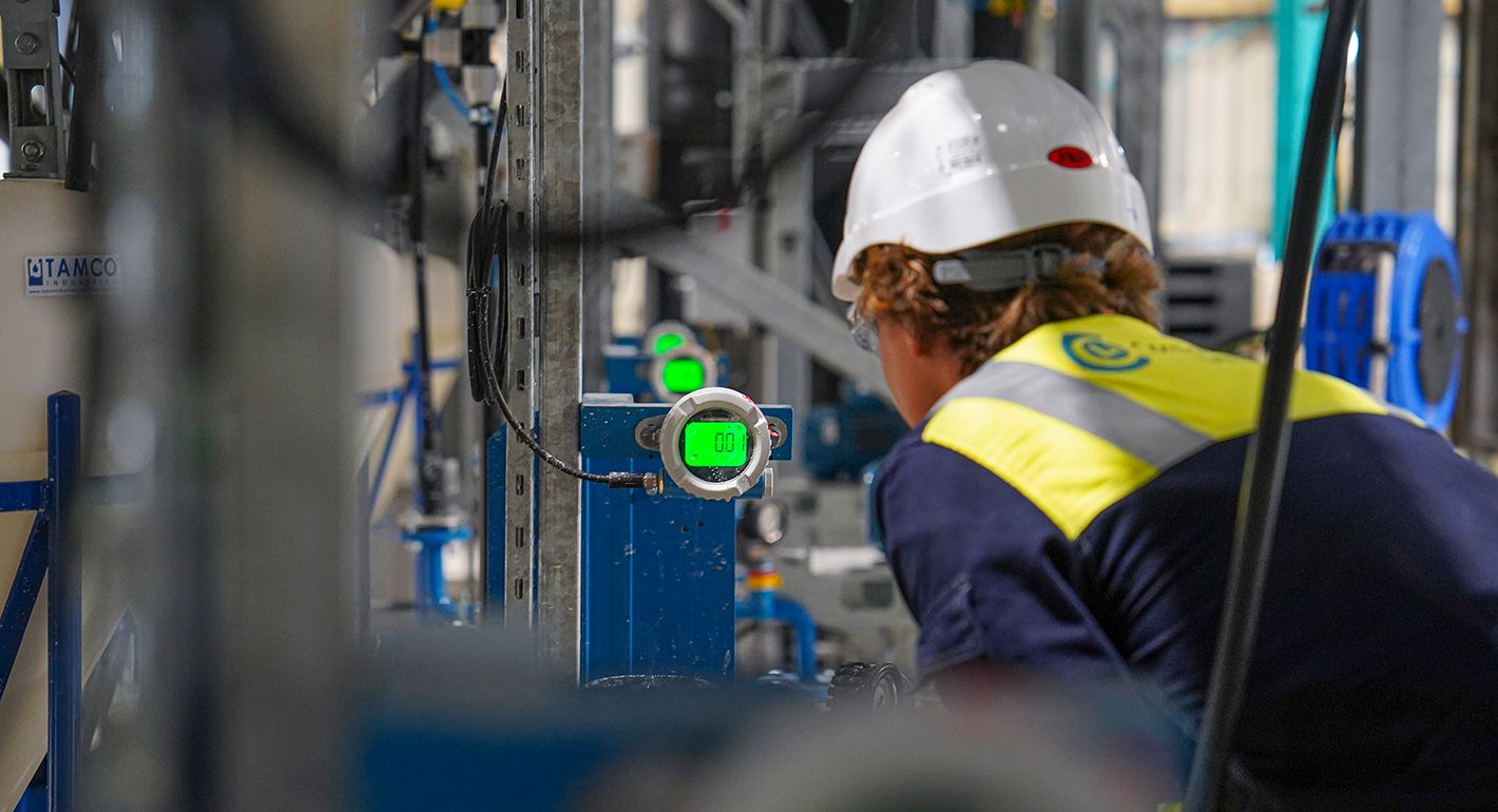 A staff member of Cornish Lithium at work in the company's new Lithium Hydroxide Demonstration Plant on November 11, 2024 in St Austell, Cornwall, England