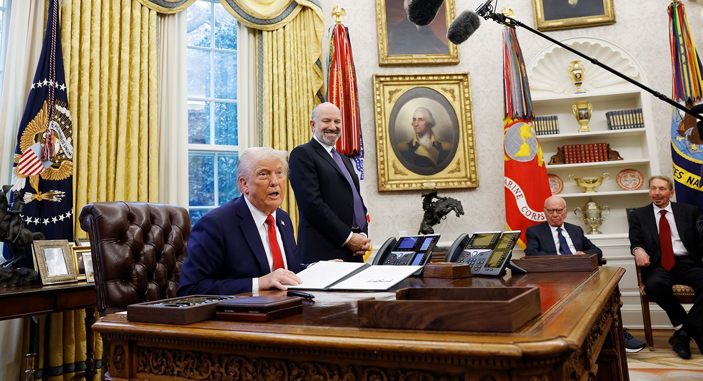 U.S. President Donald Trump speaks to reporters in the Oval Office of the White House on February 03, 2025 in Washington, DC, after signing a series of executive orders and proclamations.